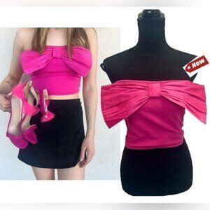 Thirty Thirty LA hot pink front bow strapless bandeau tube crop top Sz L NWT